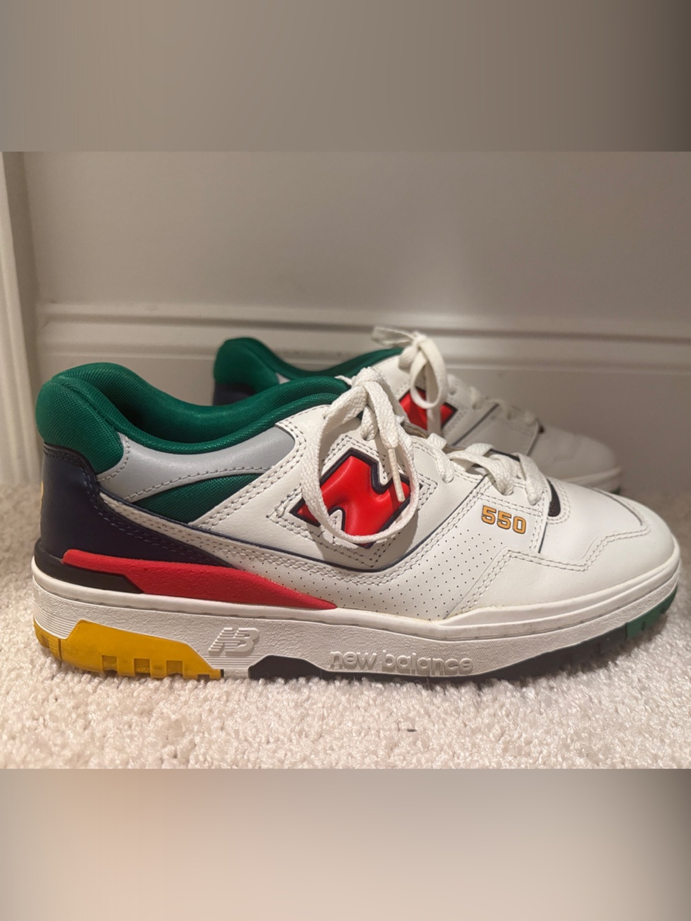 New Balance 550 White, Green, Red and Yellow Accent Basketball Sneakers